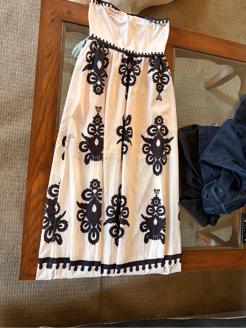 Strapless White Skirt with Black Embroidered Pattern